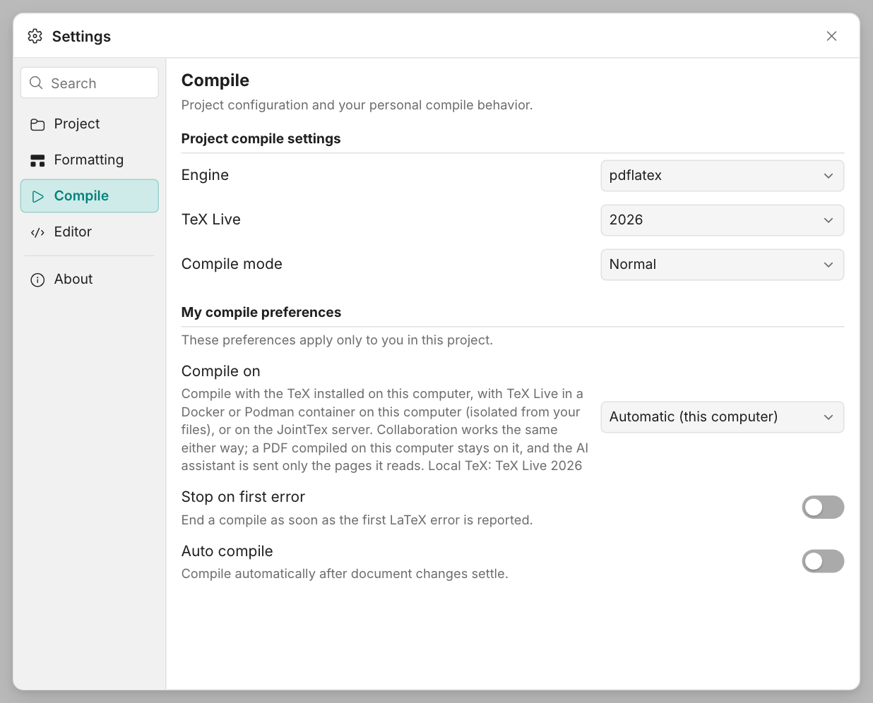 The project Settings window on Compile, where Compile on is set to Automatic (this computer) and the line under it reads Local TeX: TeX Live 2026.