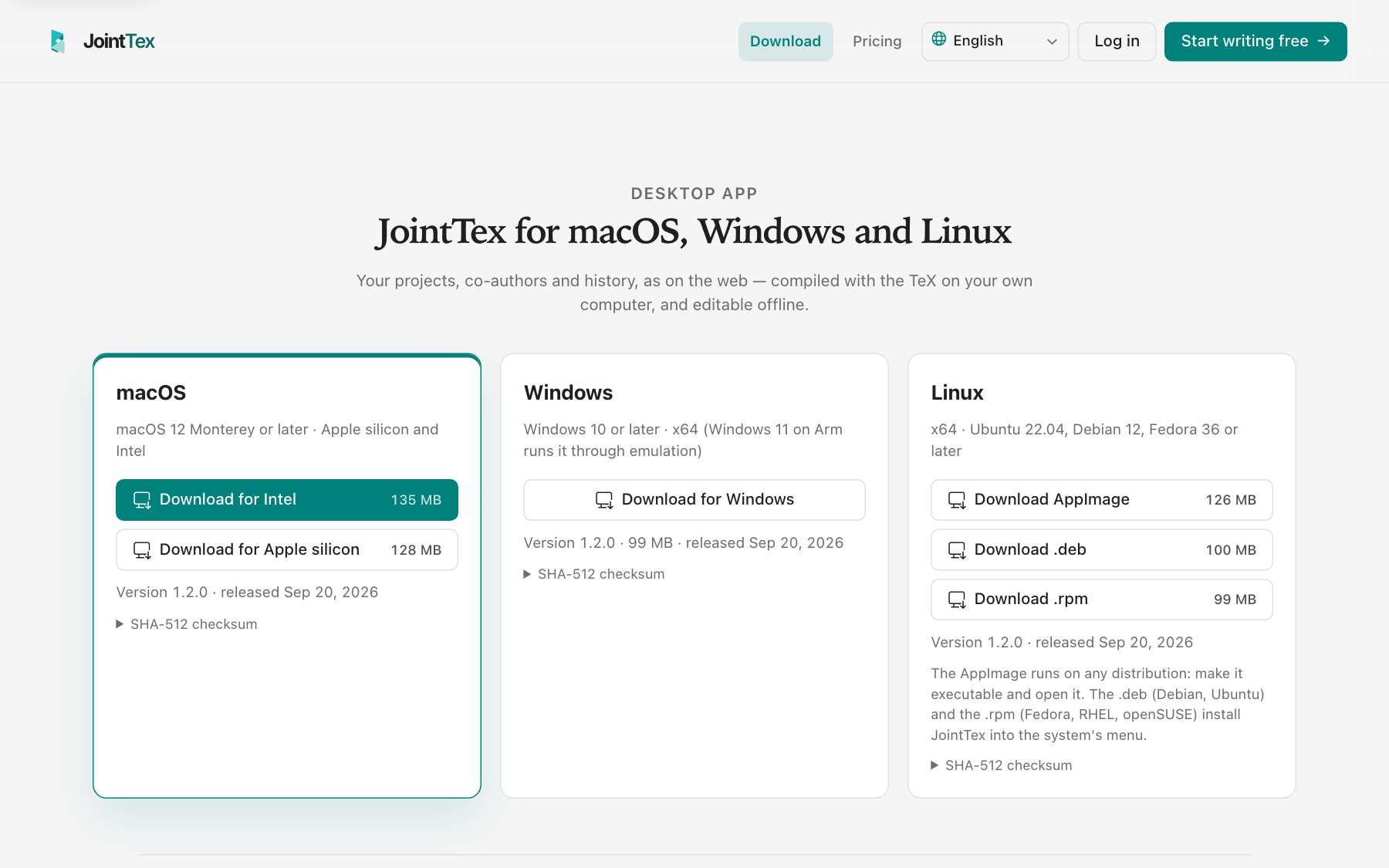 The Download page with three cards, macOS with Intel and Apple silicon downloads, Windows with one installer, and Linux with AppImage, .deb and .rpm, each showing version, size and release date.