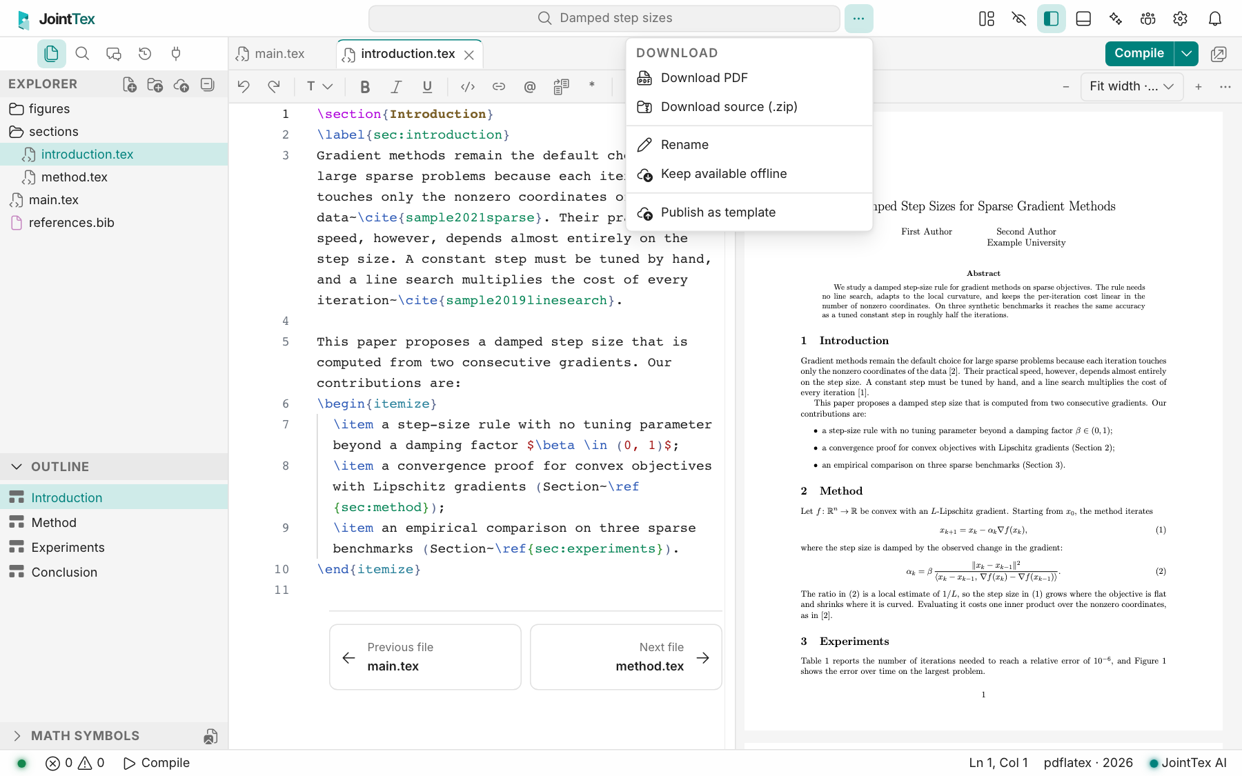 The project menu open from the title bar, with Download PDF, Download source (.zip), Rename, Keep available offline and Publish as template.