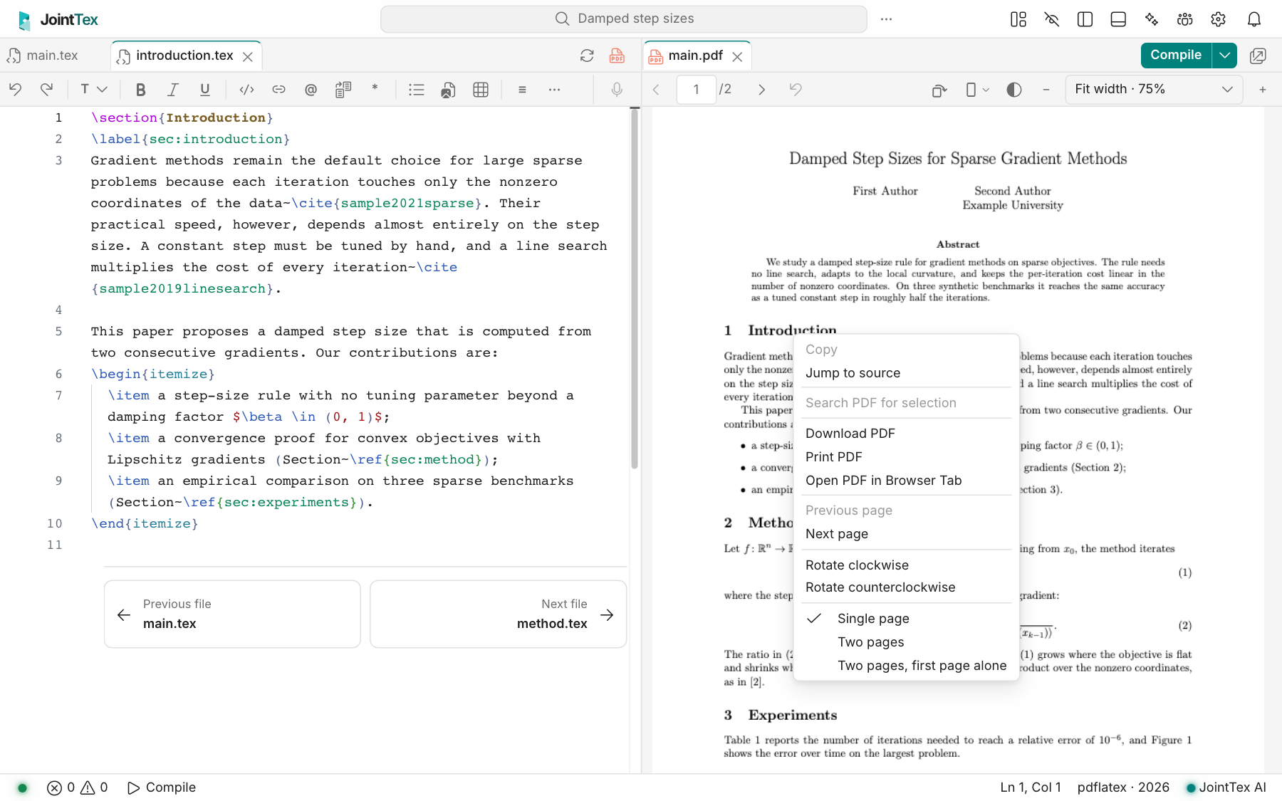 The menu from a right-click on the PDF, offering Copy, Jump to source, Search PDF for selection, Download PDF, Print PDF, Open PDF in Browser Tab, page navigation, rotation and page layout.