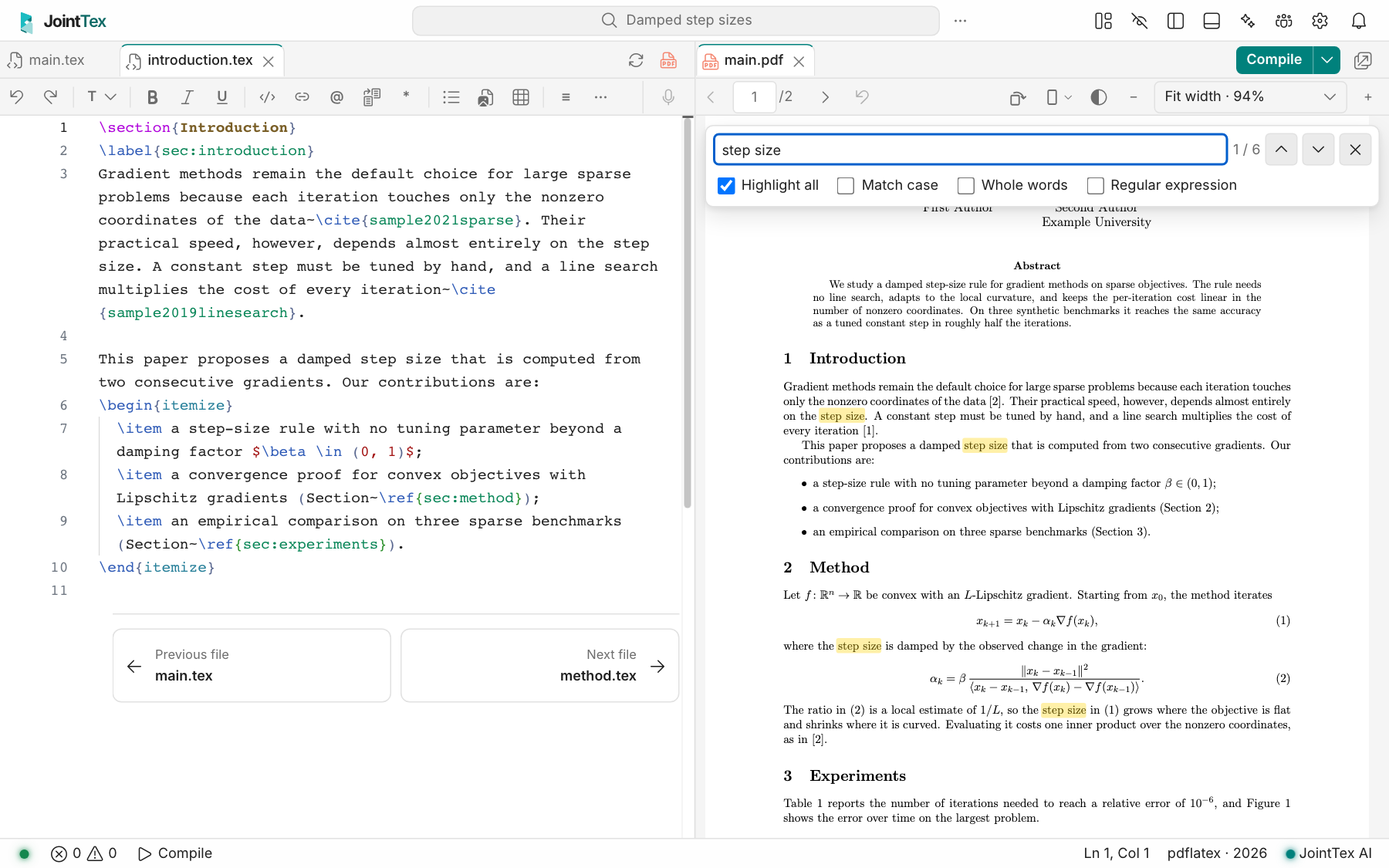 Find in PDF open over the PDF with "step size" typed, showing match 1 of 6, the Highlight all, Match case, Whole words and Regular expression options, and every match highlighted on the page.