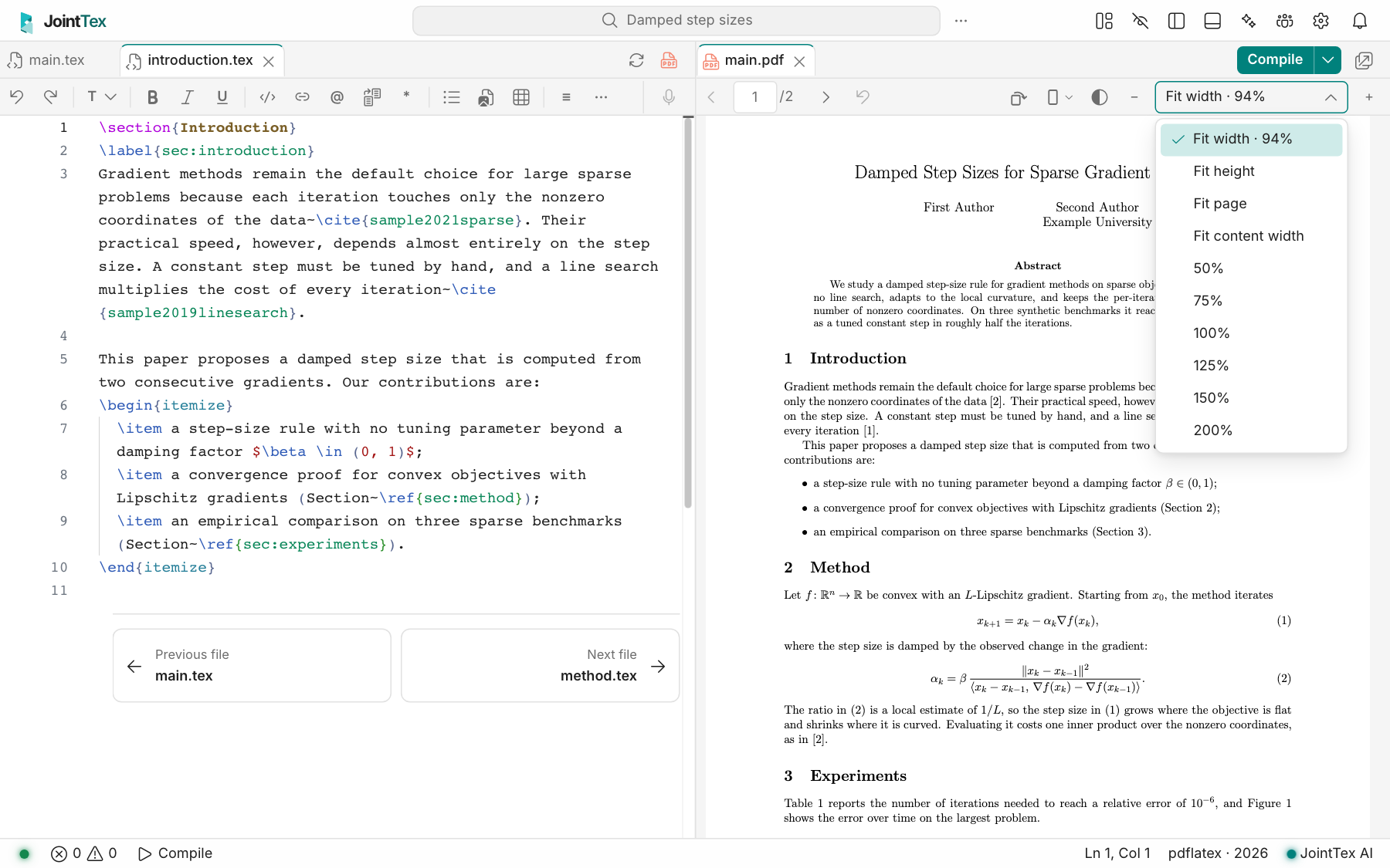 The PDF toolbar with the Zoom menu open, listing Fit width, Fit height, Fit page, Fit content width and percentages from 50% to 200%, next to the rotate, page layout and reading theme buttons.