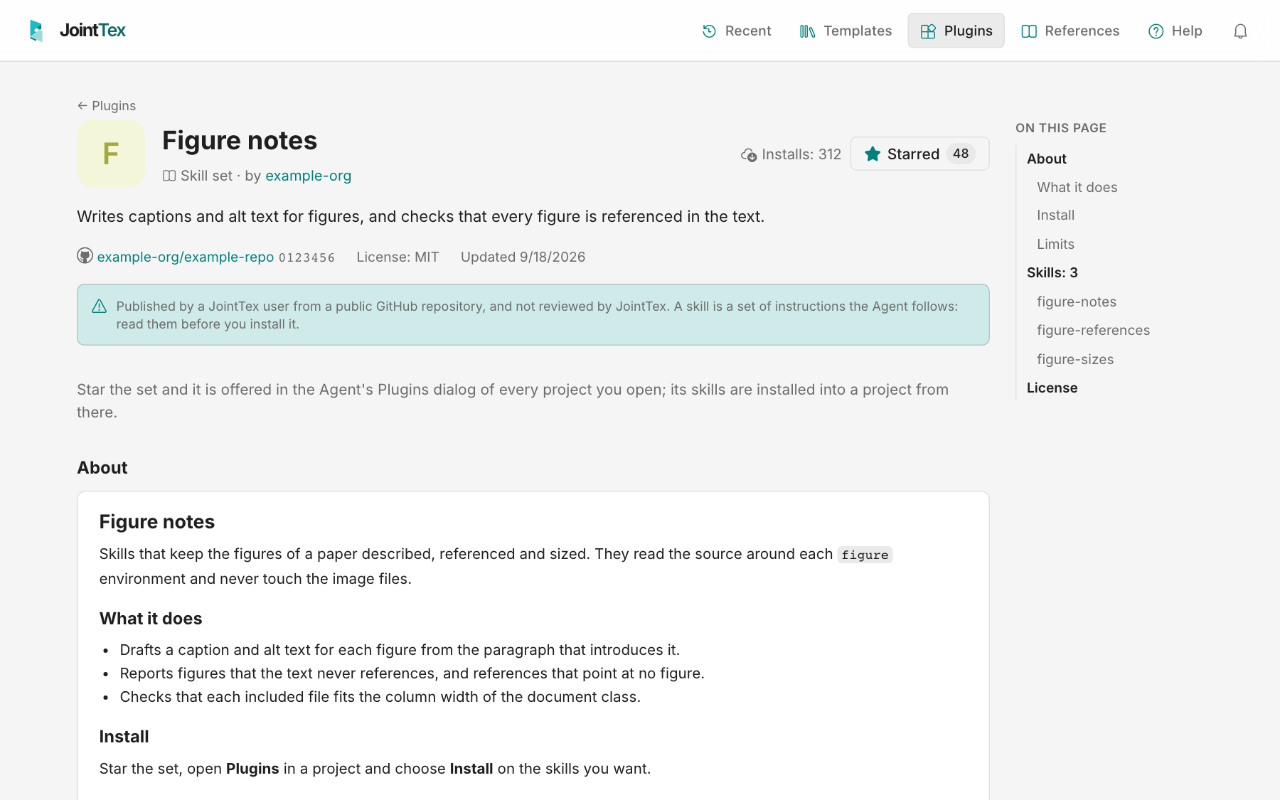 A skill set's marketplace page with its name, publisher, install count and Starred button, its GitHub repository and license, a notice that it is not reviewed by JointTex, the About text, and an outline listing its three skills and License.
