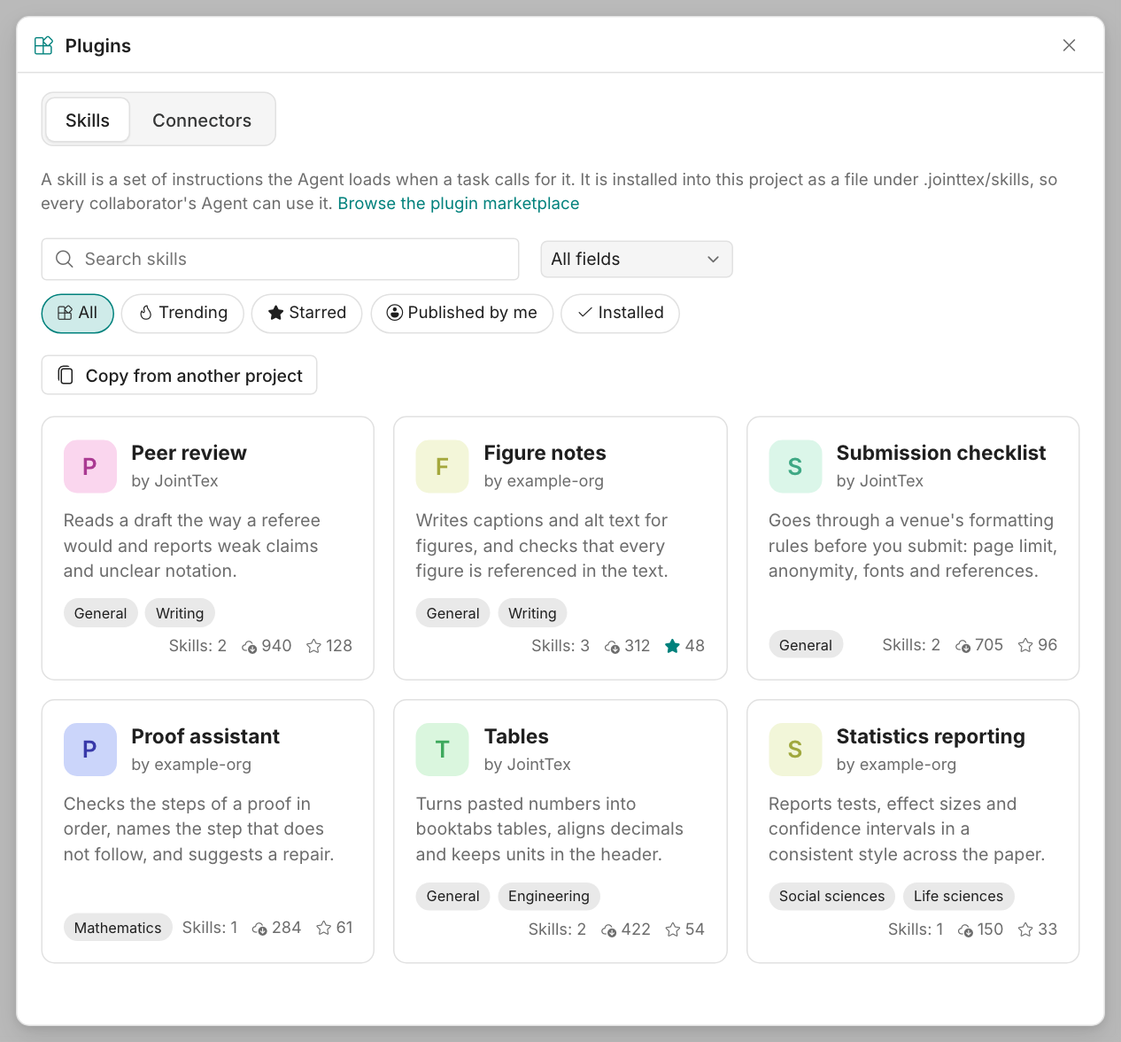 The Plugins dialog on Skills, with a search box, a field filter, the All, Trending, Starred, Published by me and Installed filters, Copy from another project, and six skill set cards.