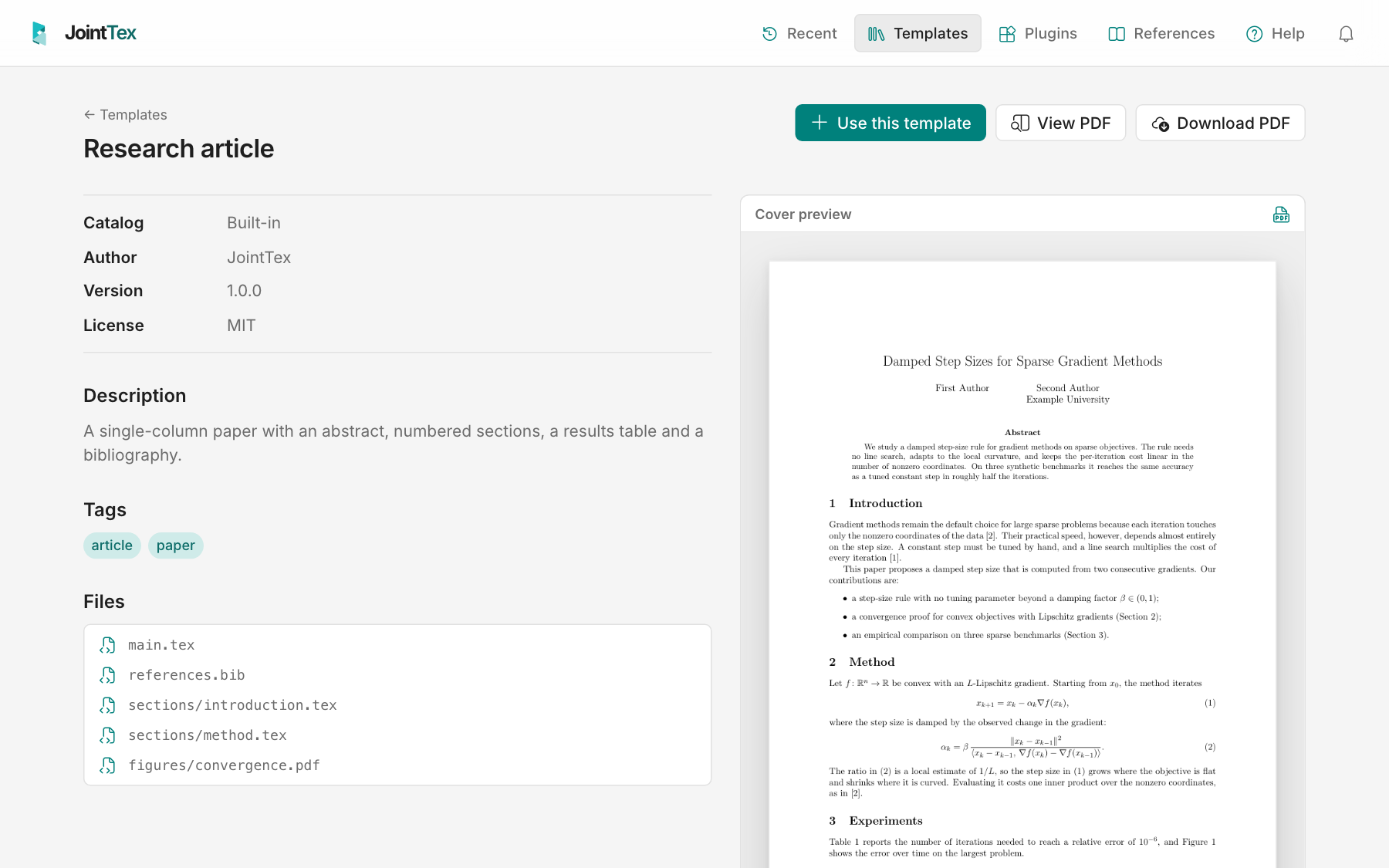 The Research article template's page: catalog, author, version and license, its description, tags and file list on the left, a cover preview of the PDF on the right, and Use this template, View PDF and Download PDF buttons.