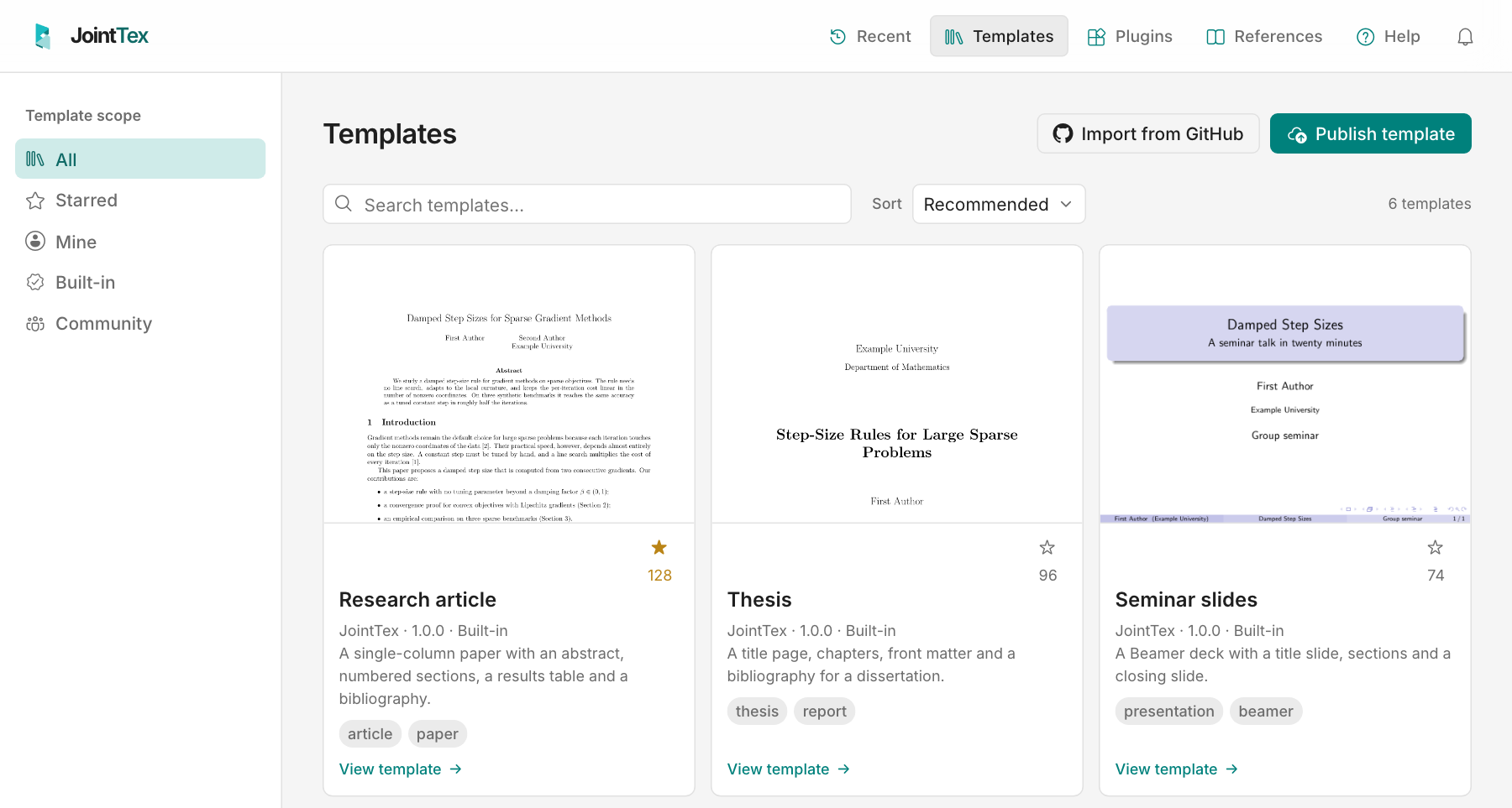 The Templates page with scope choices in the sidebar, a search box and a sort selector, and three template cards, each with a cover, star count, author, description, tags and a View template link.