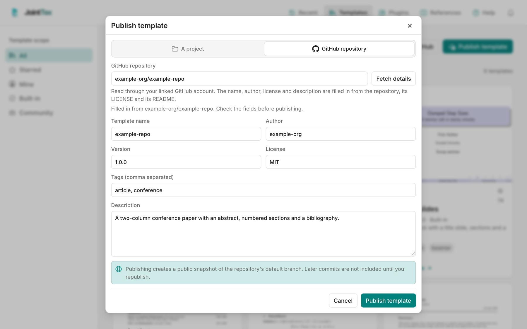 The Publish template dialog with GitHub repository selected, example-org/example-repo entered beside a Fetch details button, and the name, author, license and description filled in from the repository.