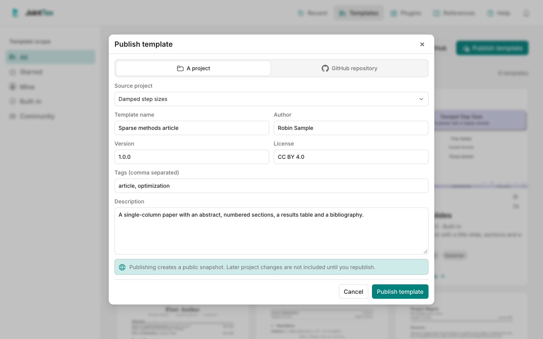 The Publish template dialog with A project selected as the source and the source project, template name, author, version, license, tags and description filled in.